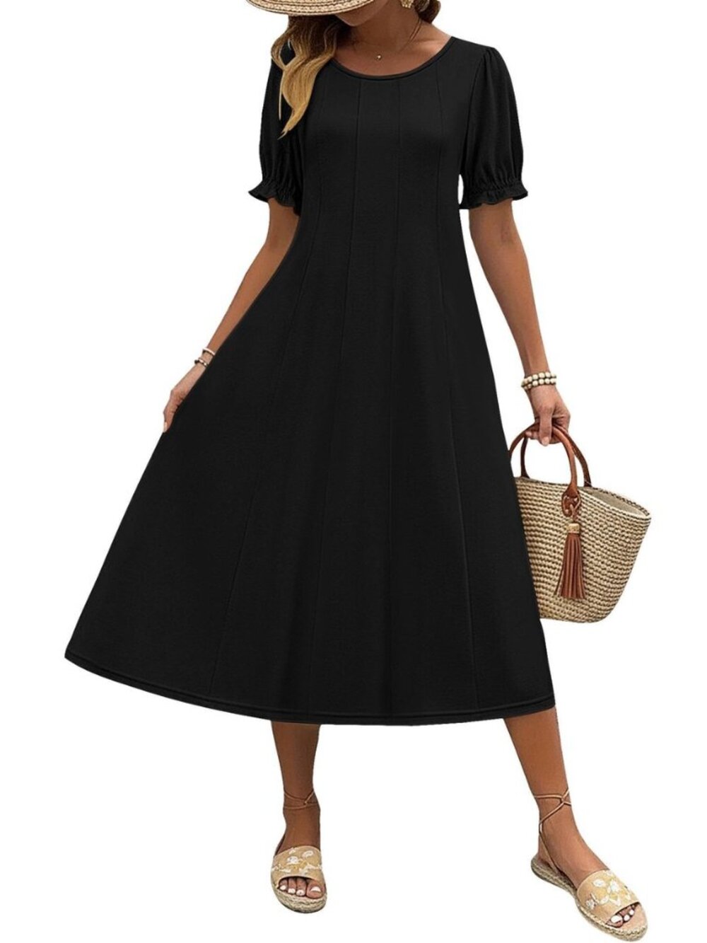 Womens Summer Dress Casual Midi Dresses 2026 Short Puff Sleeve Flare Dress